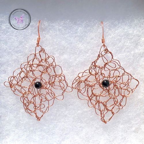 Black Onyx Copper Wire Crochet Earrings